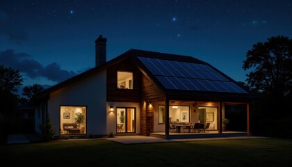 Modern Home with Solar Panels Illuminated at Night Under Starry Sky in Calm Neighborhood