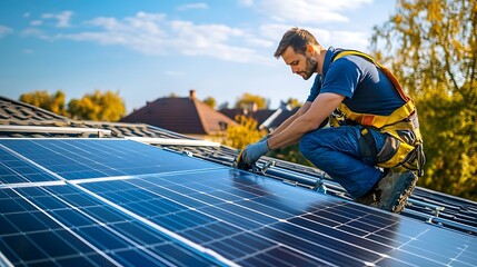 Professional technician installing solar panels on rooftop for clean energy