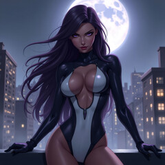 Confident anime-style woman in black and white superhero suit overlooking a moonlit city rooftop  G39KLP