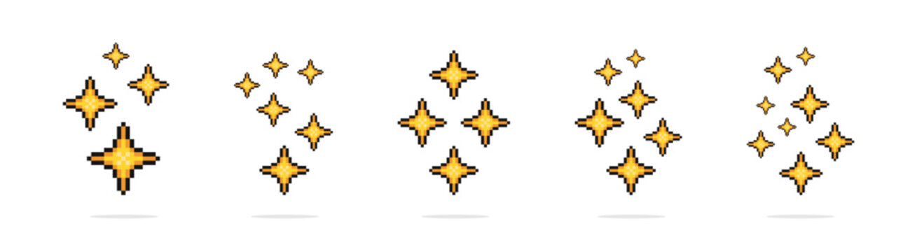 Shiny pixel art stars set. 8-bit sparkles. Sparkling stars pixel art. Glitter Stars, Pixelated Art