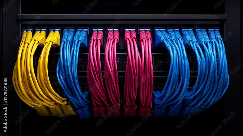 Poster vibrant colored network cables plugged into a server. a striking image of technology and connection.