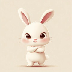 Fototapeta premium A cute cartoon bunny with folded hands, pouting and frowning, featuring a white rabbit with pink cheeks and black eyes.