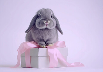 A cute gray lop-eared rabbit sitting next to a gift box, isolated on a violet background.Minimal creative Easter holiday advertise concept.Copy space,flat lay