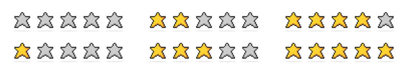 Pixelated five stars customer product rating review. Pixel five stars rating. Yellow isolated five stars. Customer feedback. Vector 5 stars rating review.
