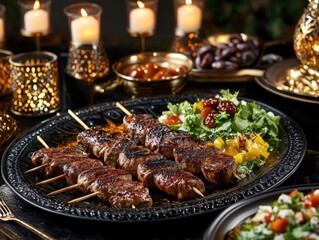 Grilled skewers of beef served on a fancy black plate