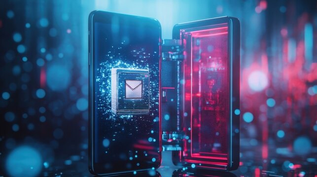 Protecting sensitive data in digital communication, an email message cpu is entering a secure server through a smartphone, ensuring confidentiality and integrity in online interactions