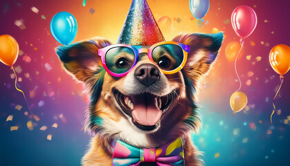 Fototapeta premium Happy Dog Party: Colorful Celebration with Balloons and Confetti