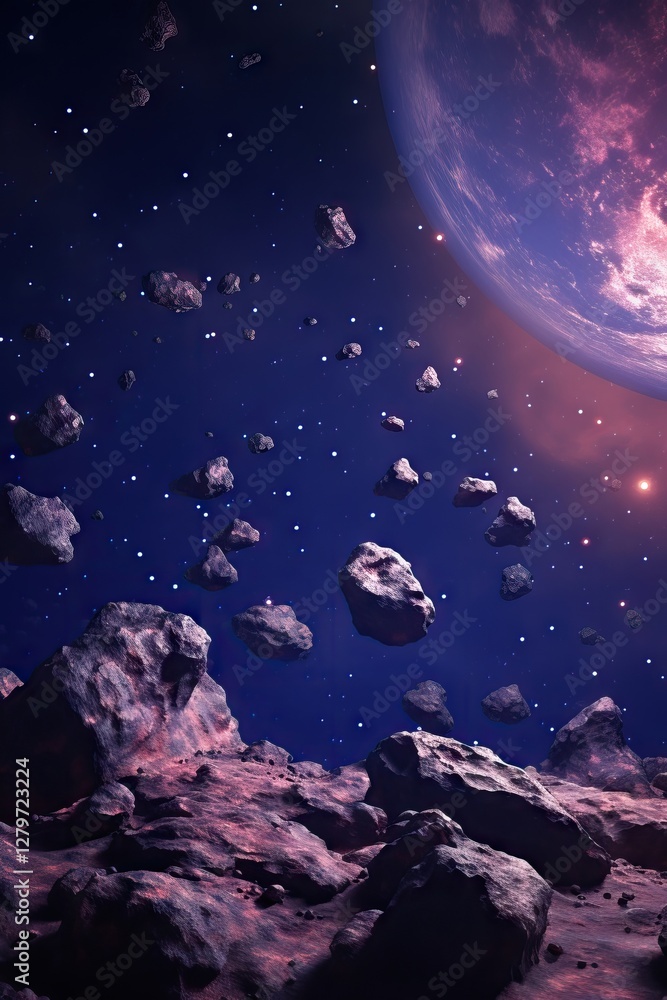 Poster space rocks and asteroids floating in deep cosmos with pink nebula and stars. dark universe backgrou