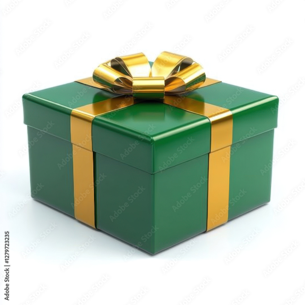 Wall mural glossy green gift box with shiny gold ribbon, perfect for celebrations