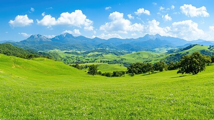Rolling green hills, mountain panorama, sunny day, idyllic landscape, travel postcard