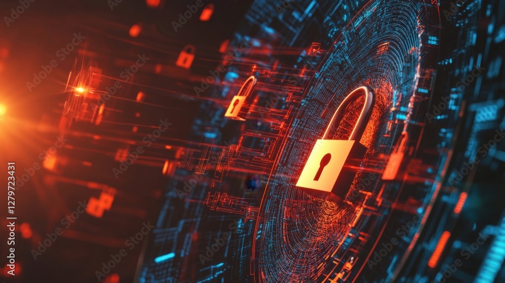Poster cyber security system is protecting digital information with a padlock visual concept, representing 