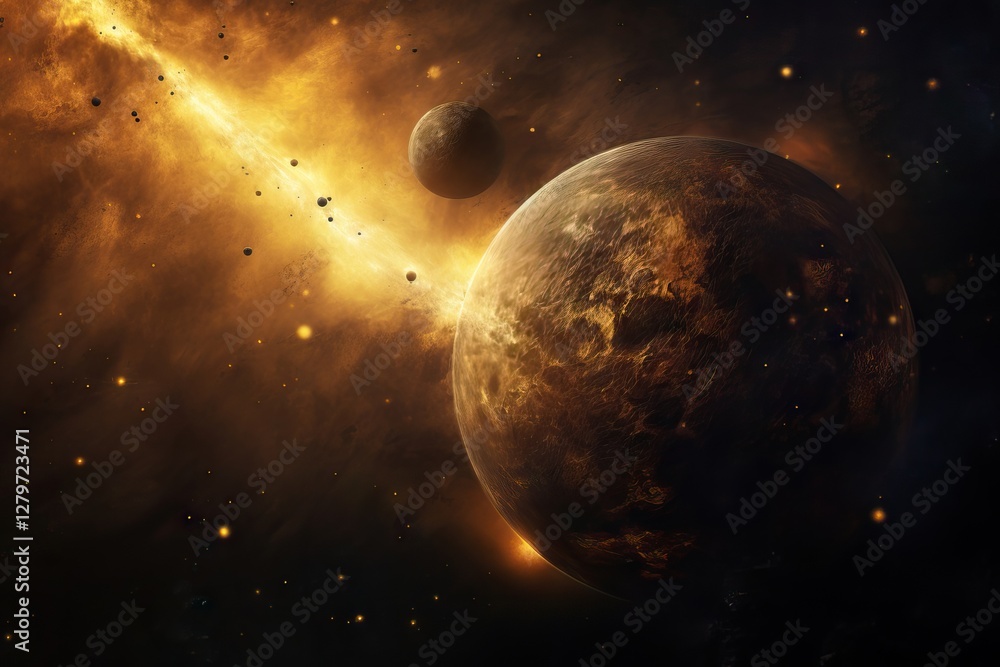 Poster epic apocalyptic space scene with orange explosions and distant planets in dark universe. science fi