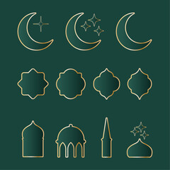 Elegant, golden Islamic design elements with crescent moons, stars, mosque shapes, and arabesque frames on a dark green background. Vector template set.