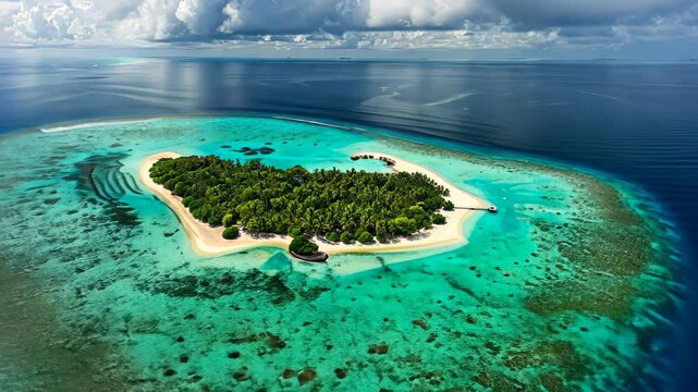 A breathtaking aerial panorama captures the beauty of Baa Atoll in the Maldives, Ai Generated.