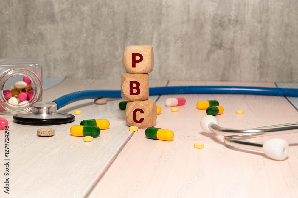 Aufkleber pbc primary biliary cholangitis - word from wooden blocks with letters