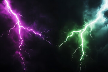 A dramatic display of purple and green lightning striking against a dark stormy sky.