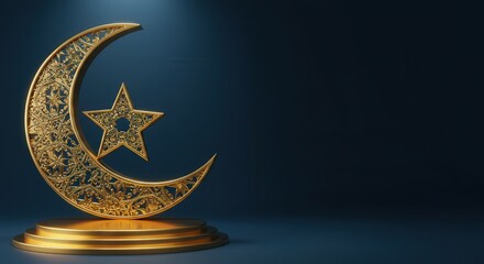 exquisite ramadan crescent and star motif in radiant gold hue on midnight blue setting ideal for greeting cards and promotional materials