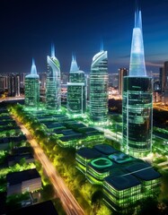 A futuristic city skyline illuminated at night, featuring smart buildings with energy-efficient lighting and green rooftops.