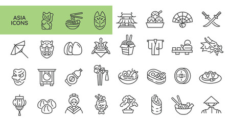 Asian Culture icons. Set of 20 Asian Culture trendy minimal icons. Example: Coin, Lute, Dragon, Sushi, Flower. Design signs for web page, mobile app, packaging design. Vector illustration.