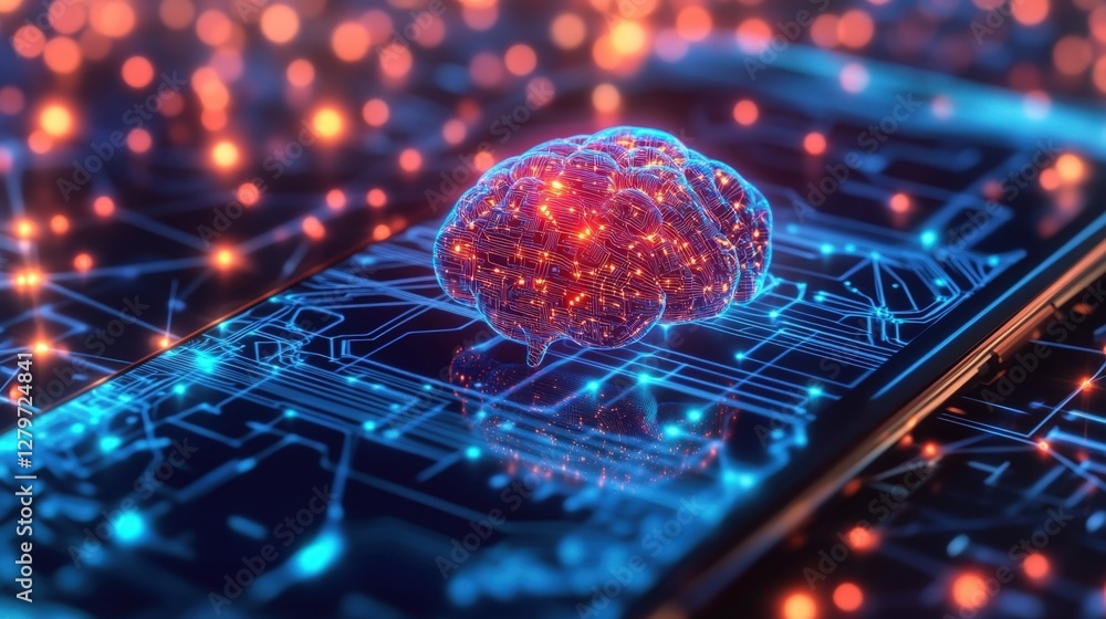 Poster red glowing ai digital brain hologram floating above a blue smartphone circuit board with an orange 