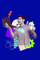 Creative 3D photo collage trend artwork template of young man multitasking hold laptop cup drink disk data human resources hiring manager