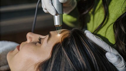 Fototapeta premium tiny microneedles gently glide over her skin highlighting the advanced technology in use.