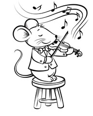 Mouse Playing Violin, Black and White Coloring Page for Kids