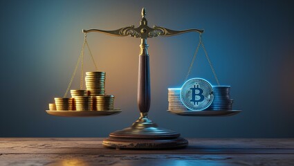 3D rendering of a balance scale featuring Bitcoin and gold coins, highlighted by soft light on a wooden surface