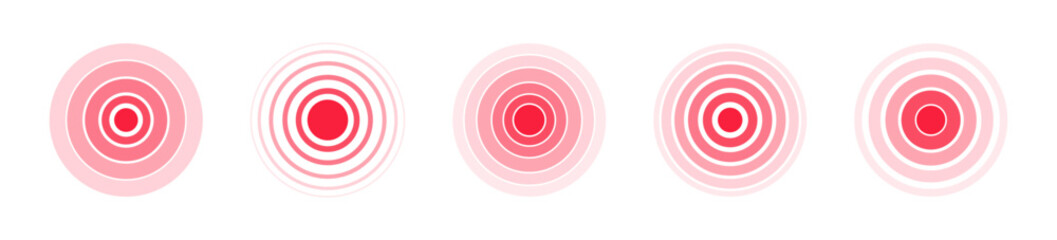 Red pain circles. Pain localization sign and pain pointings. Circles for marking human pain. Injury marker