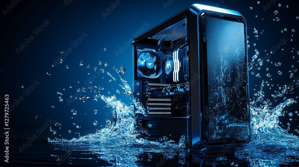 Poster modern pc computer case immersed in blue water splash dynamic digital art technology background powe