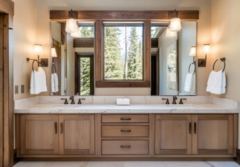 Master bathroom with double vanity, warm lighting, and large mirrors in a luxury lake house on the mountainside Generative AI