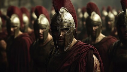 Portrait of a formidable spartan phalanx prepares for battle their bronze helmets gleaming under the dim light