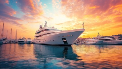 Naklejka premium Luxurious yachts moored at marina during picturesque sunset casting vibrant colors on calm water