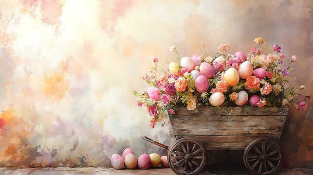 Beautiful Easter egg background featuring a floral cart and Easter egg background watercolor style with a soft Easter egg background texture.
