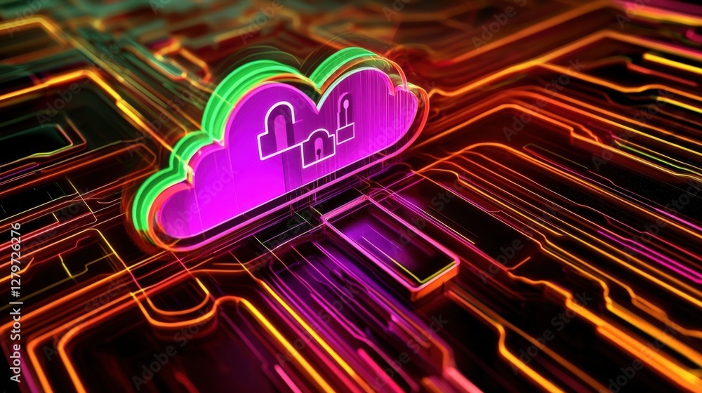 Poster padlocks hovering within a vibrant, neon lit cloud symbol above a complex circuit board represent th