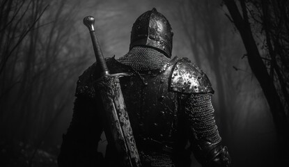 Enigmatic warrior stands guard in darkened wood revealing the weight of armor and the power of sword