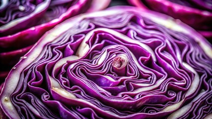 Obraz premium Close-up of sliced purple cabbage, vivid color. Macro food photography with blurred background.