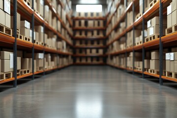 A view of a warehouse storage aisle filled with stacked cardboard boxes on shelves.