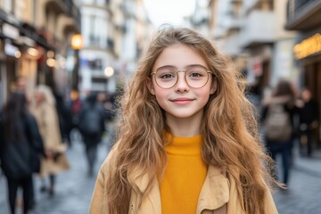 Fototapeta premium A young girl with long curly hair and glasses smiling in a busy street.