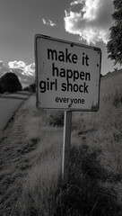 A road sign with the text 'Make it happen, girl' and 'Shock everyone.Minimal creative travel and party concept with copy space 