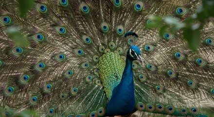 Obraz premium Peacock's iridescent tail feathers display of elegance and vibrant color