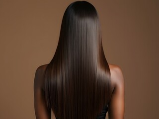 Woman with long shiny straight hair, flat ironed, medium brown hair extensions, professional hairstyle, rear view