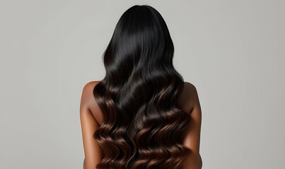 Shiny long wavy black hair with subtle brown balayage, back view of elegant hairstyle, perfect for hair extensions ads