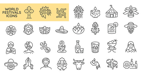 World Festival icons. Set of 31 festival trendy minimal icons. Example: Mask, Dancer, Costume, Parrot, Cocktail icon. Design signs for web page, mobile app, packaging design. Vector illustration