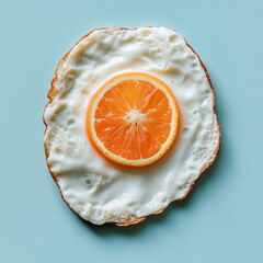 A slice of orange sits on an egg white against a pastel blue background, resembling a sunny-side-up fried egg.Minimal creative food concept.Copy space,flat lay 
