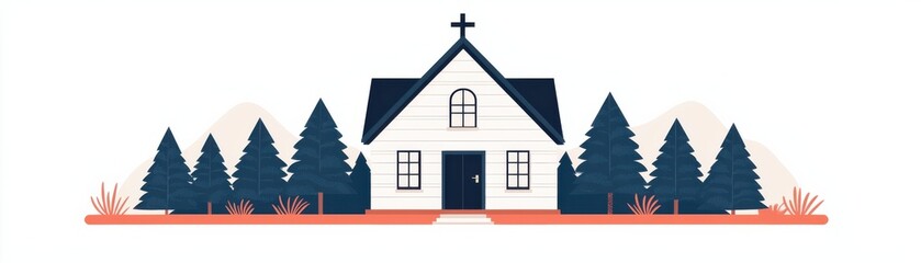 Obraz premium Charming Minimalist Church Surrounded by Lush Evergreen Trees and Mountains in a Serene Landscape