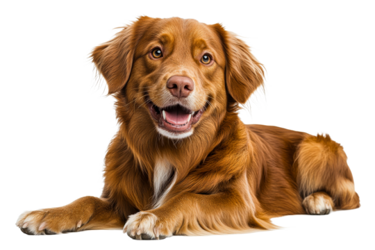 Happy dog relaxing on soft surface indoors