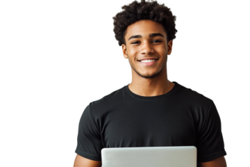 Confident young man smiles while holding laptop