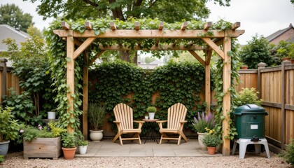 Fototapeta premium Cozy Garden Retreat with Wooden Pergola and Charming Adirondack Chairs Surrounded by Lush Foliage
