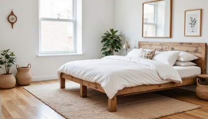 Cozy Modern Bedroom with Wooden Bedframe, Bright Natural Light, and Minimalist Decor